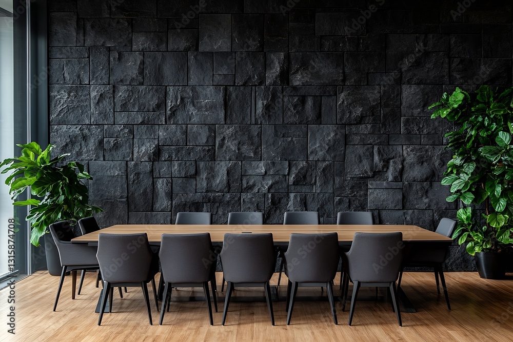 Poster sleek modern conference room design featuring a large wooden table surrounded by comfortable seating