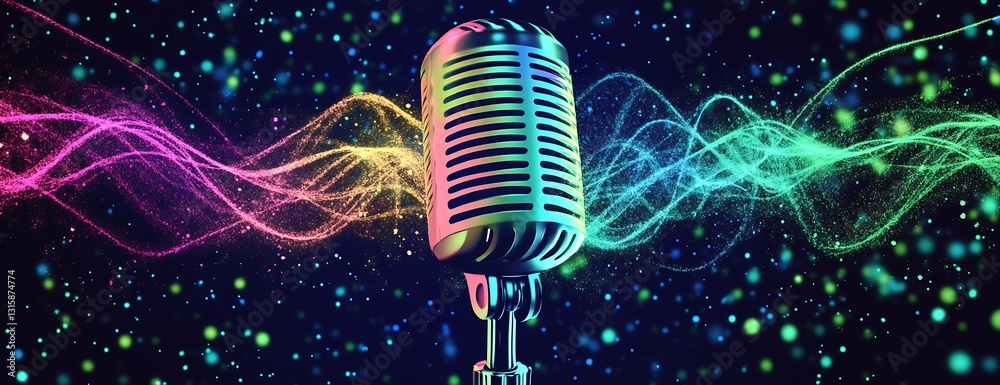 Poster Colorful retro microphone with dynamic sound waves creating a vibrant backdrop : Generative AI