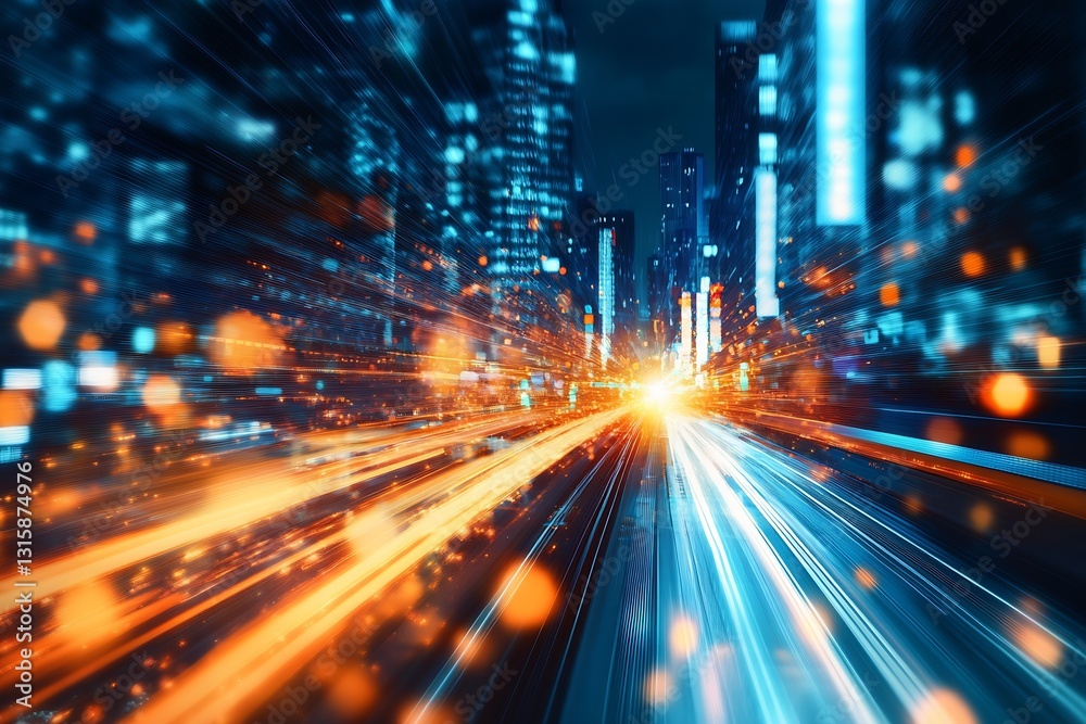 Poster dynamic highway scene with orange and blue lights depicting high speed movements in a modern city : 