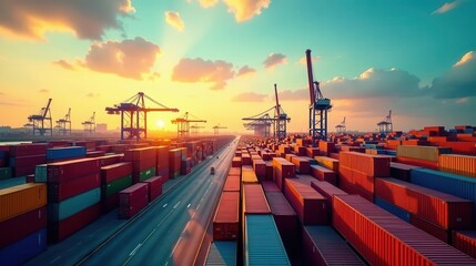 Golden Hour at the Shipping Terminal A Panorama of Cargo Containers and Industrial Cranes under a Vibrant Sunset Sky