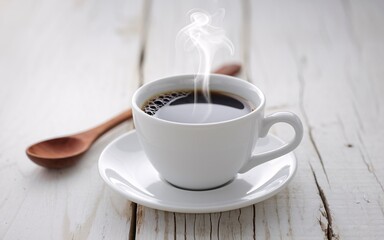 January blues, Hot coffee cup on white wooden table