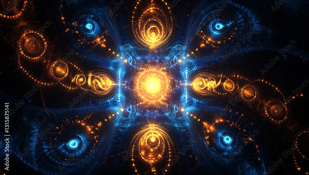 Poster vibrant cosmic abstract art with swirling orange and blue light patterns emanating from a central sp
