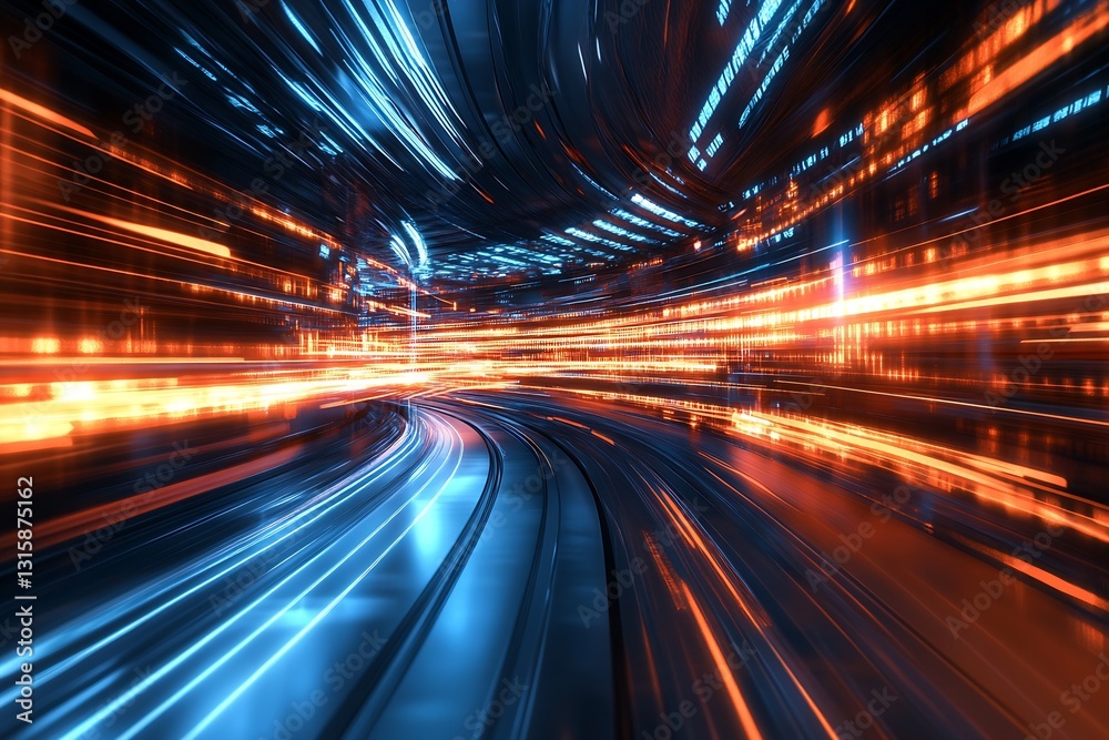Poster dynamic light trails in a futuristic cityscape capturing vibrant energy and motion : generative ai