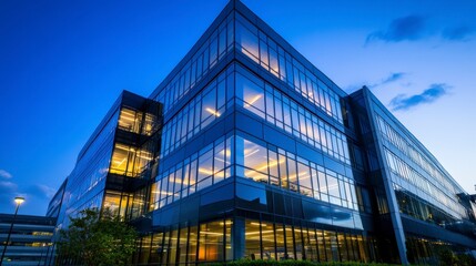 Fototapeta premium Modern Glass Office Building at Dusk with Warm Illuminated Windows