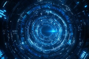 Futuristic digital tunnel with glowing lines and circular patterns in blue tones : Generative AI