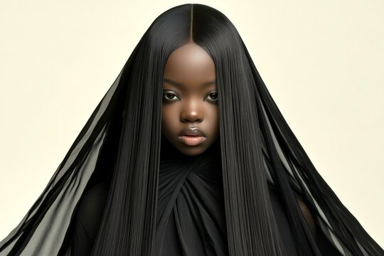 Commercial ad campaign creative design. Stunning calm black girl - for ads, advertisement and social media use. Long hairdo - straight hair. Black advertising with style. Long hair model.