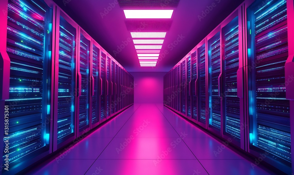 Leinwandbilder Sophisticated data center with reflecting neon lights and organized server racks creating a tech haven : Generative AI
