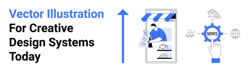 Arrow pointing upwards, designer working on tablet, cogwheel labeled WMS, and house icons. Ideal for technology, e-commerce, creativity, workflow systems, web development process design flat