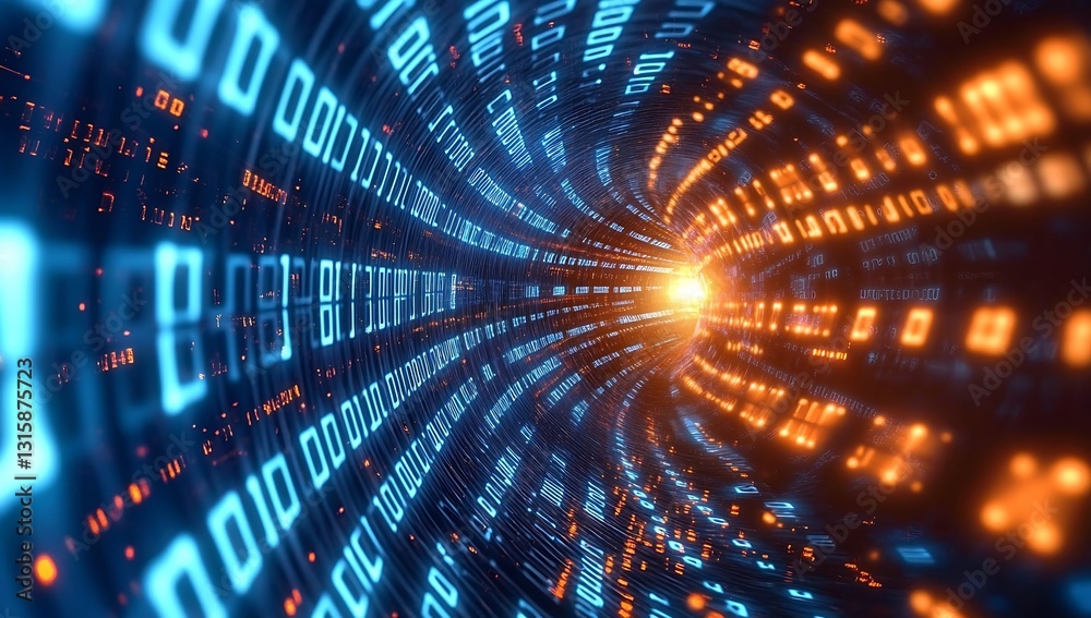 Poster Illuminated tunnel of binary data symbols representing advanced technology and digital space exploration : Generative AI
