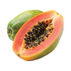 A Halved Ripe Papaya with Bright Orange Flesh and Dark Seeds in the Center.  Cut out.