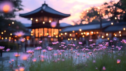 Fototapeta premium Japanese garden bliss tranquil evening gathering with close-up blossom photography