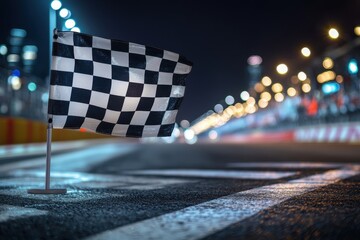 Checkered flag at night race track. Perfect for sports, victory, and competition themes.