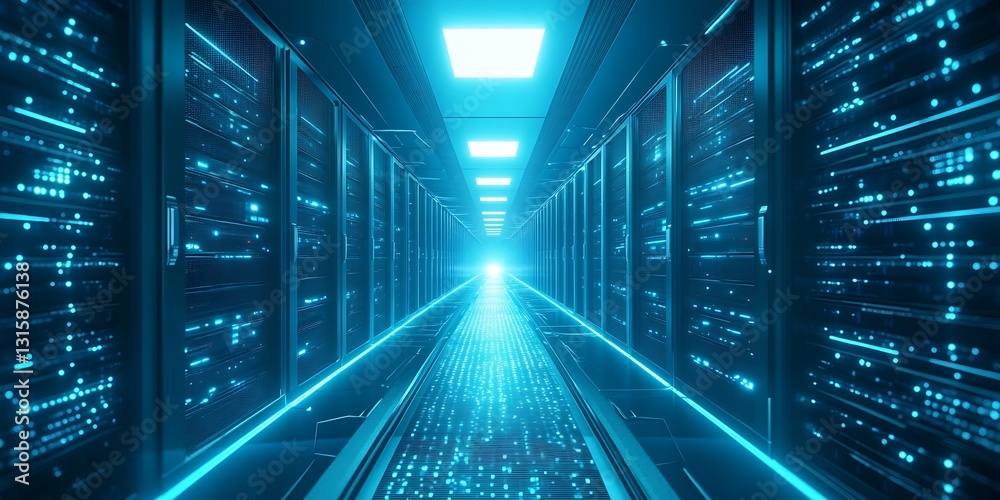 Poster Illuminated Server Corridor Emphasizing Advanced Networking and Digital Space : Generative AI