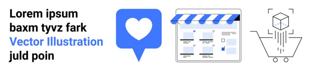 Heart thumbs up icon with text, online storefront with awning and webpage layout, falling cube into shopping cart Ideal for e-commerce, online shopping, social media engagement, digital marketing
