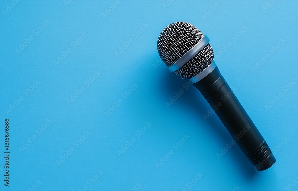 Poster stylish silver and black handheld microphone on a solid blue backdrop ideal for performances and int