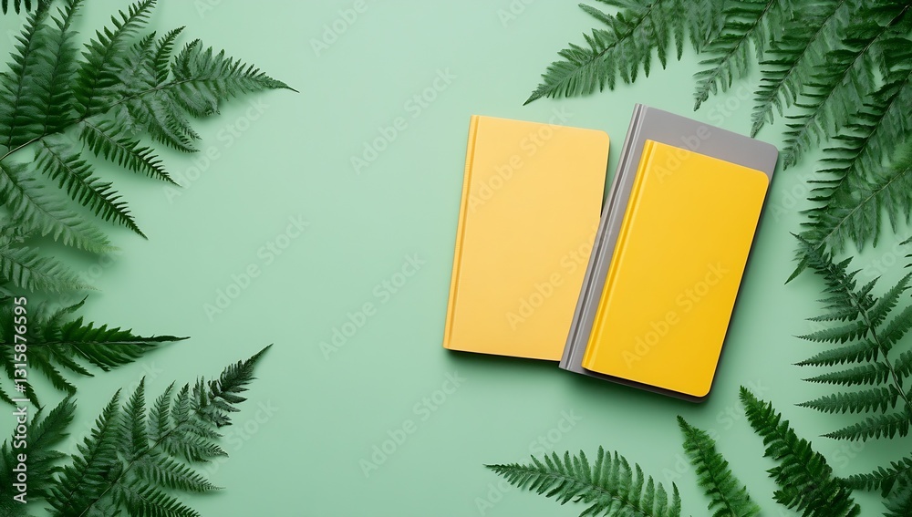 Poster Creative display of yellow and gray notebooks nestled among ferns on a soft green background : Generative AI