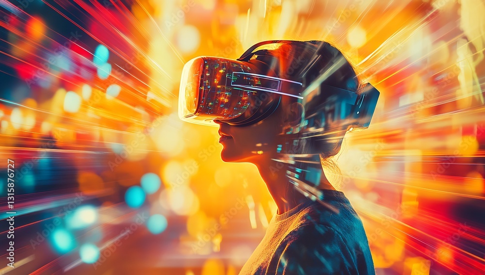 Poster incredible close-up of a woman experiencing virtual reality with intense light trails and vibrant co