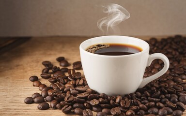 Fototapeta premium January blues, Hot Coffee Cup Surrounded by Beans on Wooden Table