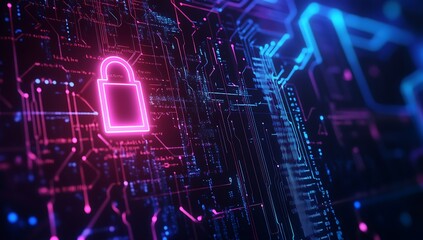 Stylized digital padlock symbol overlaying a vibrant data network representing cybersecurity and innovation : Generative AI