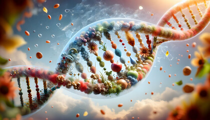 DNA An artistic representation of a DNA strand where the base pairs are composed of organic elements lik3.jpg