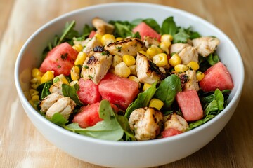Hearty salad with mixed greens grilled chicken watermelon and corn served in a bowl : Generative AI