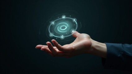 A steady hand, with medium-toned skin and defined fingers, grasps a variety of digital icons that float above the palm, suspended in mid-air, on a rich, dark blue background that evokes a sense of pro
