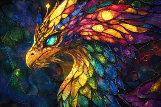 A Simurgh in a stained glass effect, glowing in radiant jewel tones.