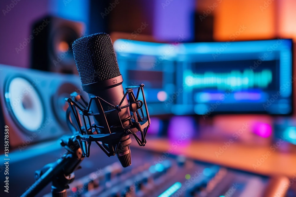 Poster Close up of a professional microphone in a recording studio with colorful lighting and sound equipment : Generative AI