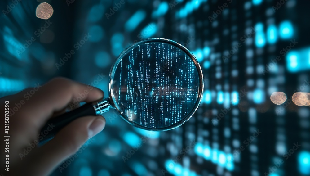 Poster investigating complex data patterns through a magnifying glass under bright blue lights : generative
