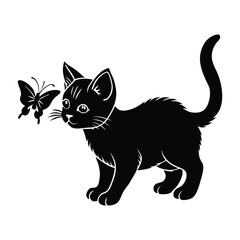 Kitten Playing with a Butterfly on White Background