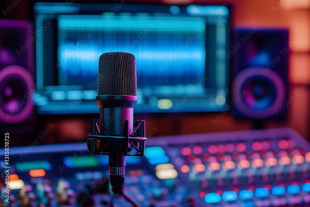 Poster Vibrant microphone positioned in front of a soundboard and colorful audio display in a studio : Generative AI