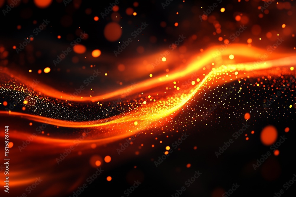 Poster fluid motions of glowing orange particles and waves in a captivating abstract art design : generativ