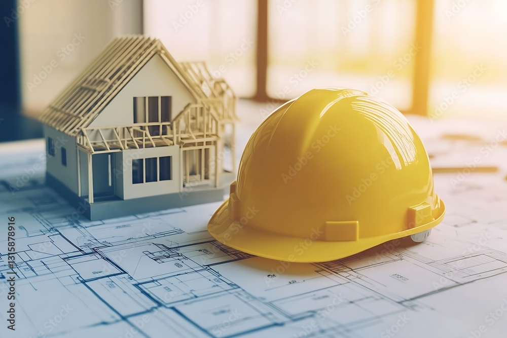 Poster yellow hard hat and house model presented on detailed architectural blueprints : generative ai