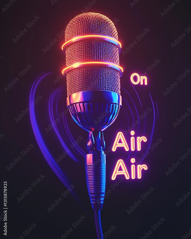 Aufkleber colorful microphone paired with on air neon lights creating an exciting broadcasting scene : generat