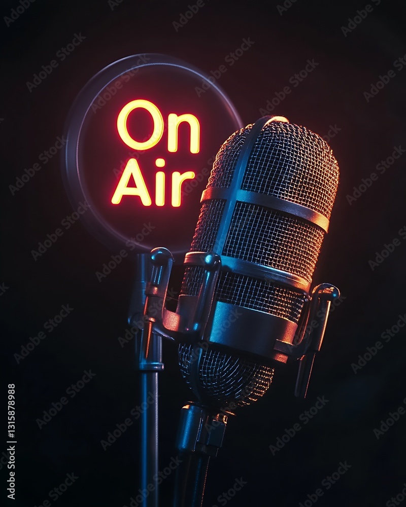 Poster Dynamic microphone under glowing On Air sign in a cozy recording environment creating a captivating atmosphere : Generative AI