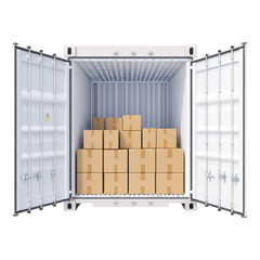 Open Shipping Container with Neatly Stacked Boxes Isolated on transparent background