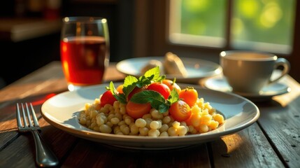 A sunlit table setting features a plate of small pasta, garnished with halved cherry tomatoes and fresh mint, accompanied by a glass of amber liquid and a cup of coffee.