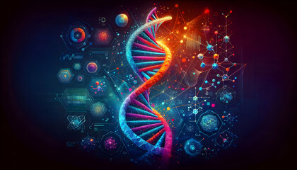 DNA A highly stylized graphic of DNA double helix strands made from geometric shapes and bright colors, 1.jpg