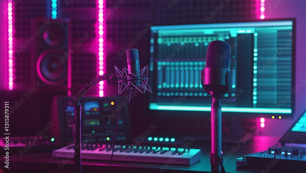 Poster professional audio recording studio with modern microphones and colorful led lights for music produc