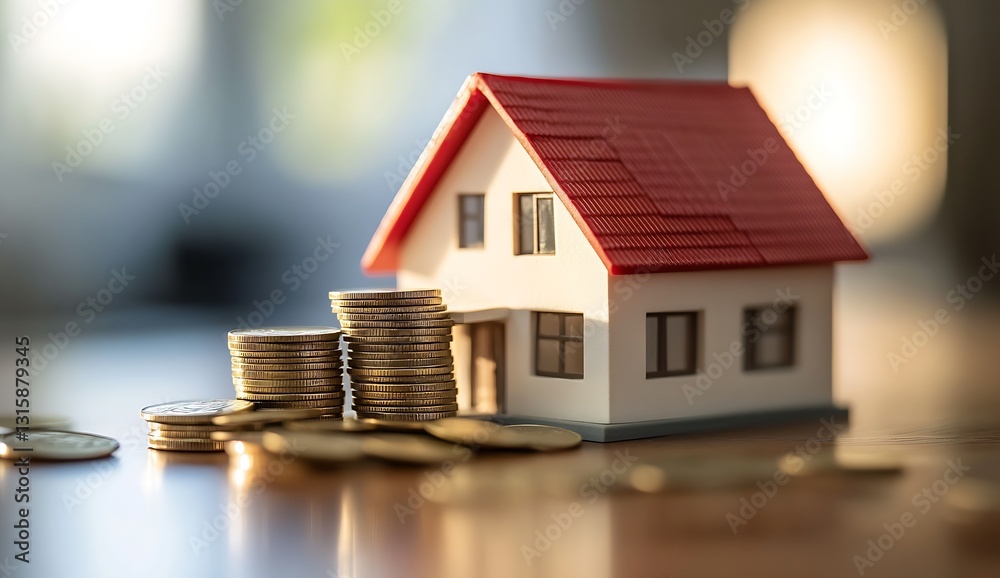 Poster Stylish small house model with coins stacked beside it on a table illuminated by soft natural light indoors : Generative AI