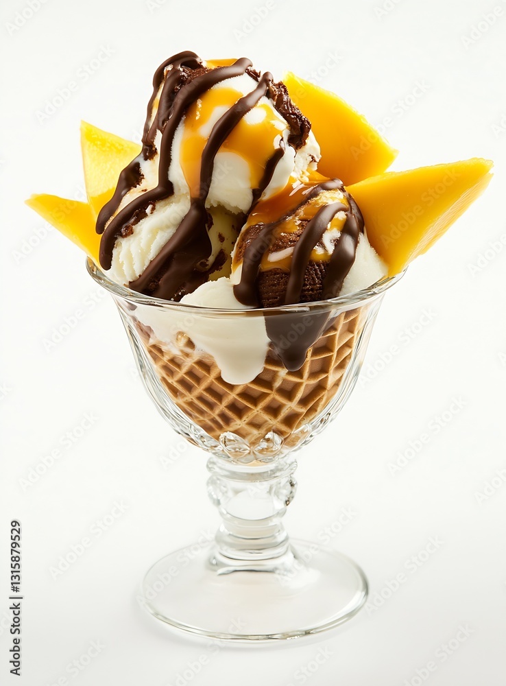 Aufkleber mouthwatering ice cream sundae with luscious chocolate drizzle and fresh mango topped in a classic g
