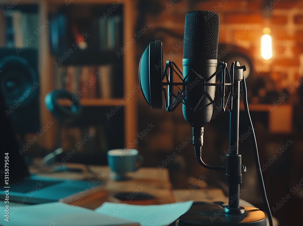 Poster high quality microphone setup in cozy home studio environment for podcasting and music production : 