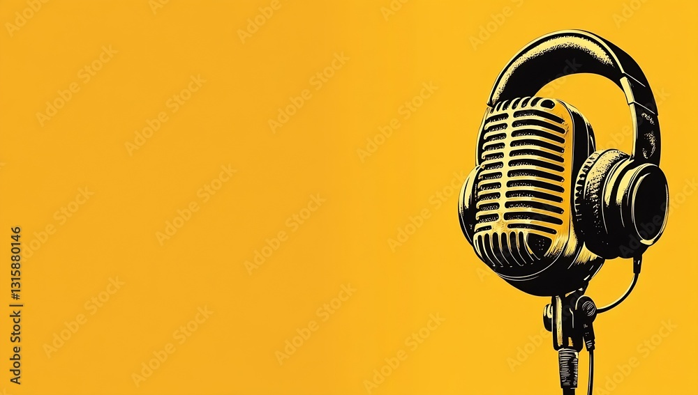 Poster classic microphone with headphones on a bright yellow backdrop ideal for audio and music themes : ge