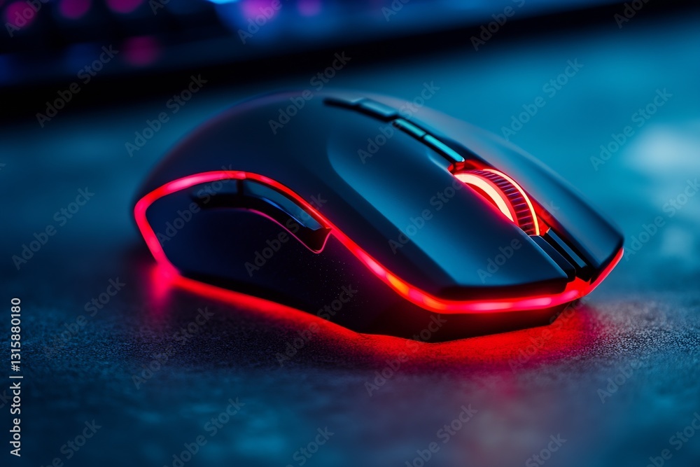 Poster illuminated gaming mouse with eye-catching red led lights on table : generative ai