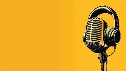Classic microphone with headphones on a bright yellow backdrop ideal for audio and music themes : Generative AI