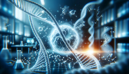 DNA A conceptual 3D model of a DNA strand being replicated, with one strand being copied by a new strand2.jpg