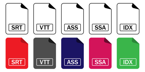 Set of subtitle and caption file format icons (SRT, VTT, ASS, SSA, IDX) in outline and color styles. Perfect for video editing, streaming, and accessibility projects.