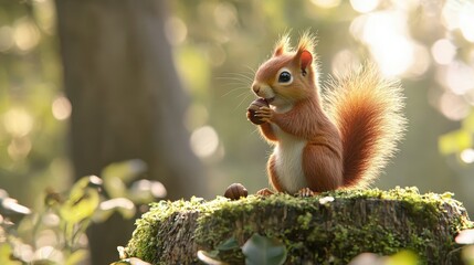 Fototapeta premium Cute Squirrel Enjoying Nut on Mossy Tree Stump in Sunlit Forest
