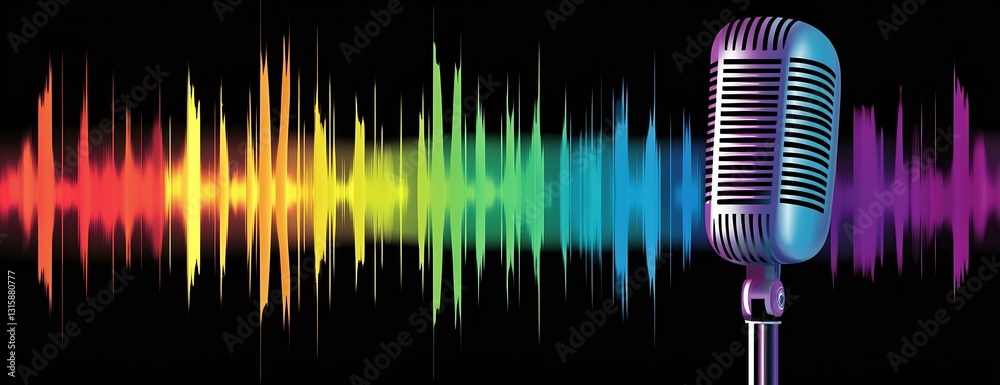 Poster colorful classic microphone surrounded by lively audio wave art representing musical expression : ge