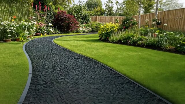 Serene garden pathway winding through vibrant flower beds and lush greenery on a sunny afternoon